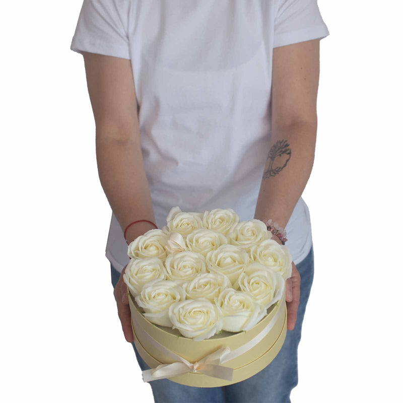 Zeep Bloemen Cadeau Set - 14 Creme Rozen - Rond