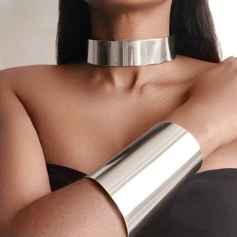 CLEOPATRA Statement Silver Choker & Bracelet Manchette Set