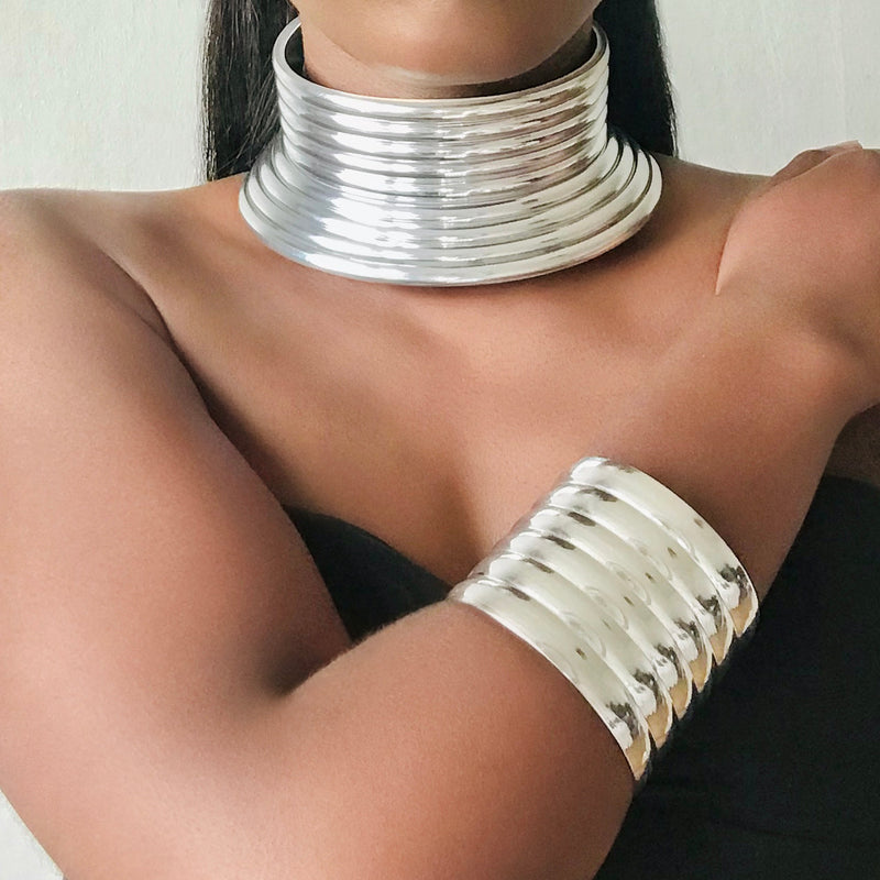 TANTA Silver Statement African Choker & Bracelet Set