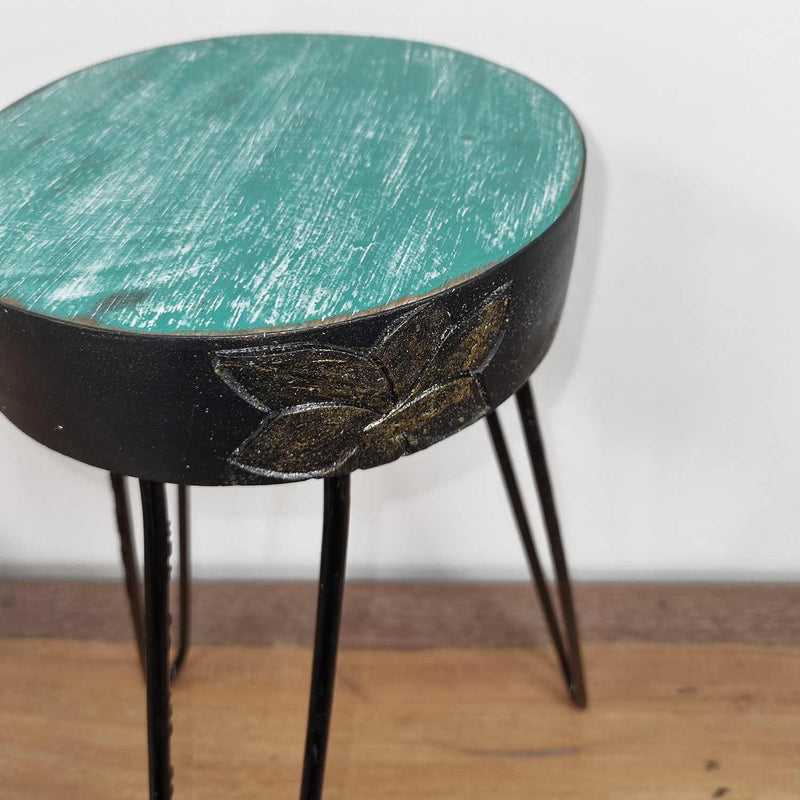 Albasia Houten Plantenstandaard - Rond - Turquoise met Goeden Detail