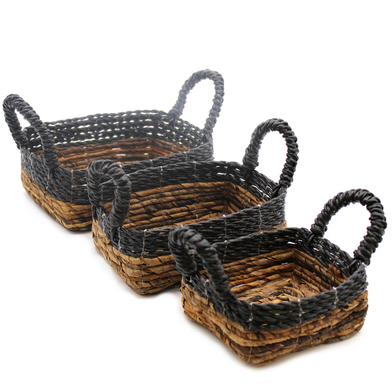 Bananenblad & Hitam Raffia Vierkante Mand - Set van 3