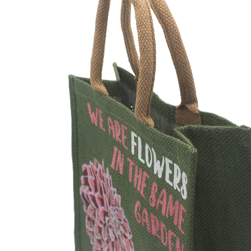 Jute Tas met Print - We are Flowers - Olive