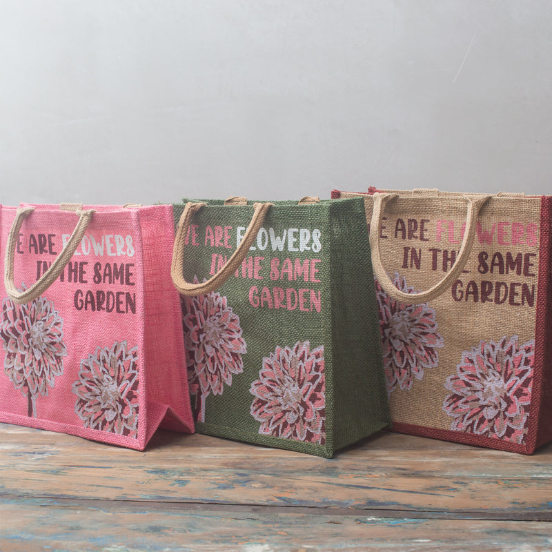 Jute Tas met Print - We are Flowers - Pink