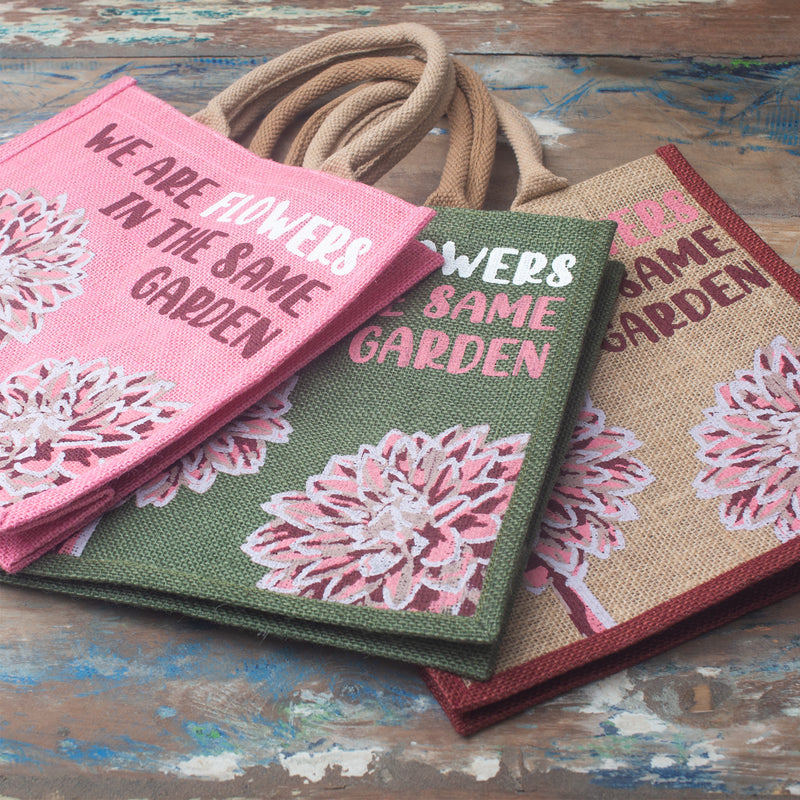 Jute Tas met Print - We are Flowers - Pink