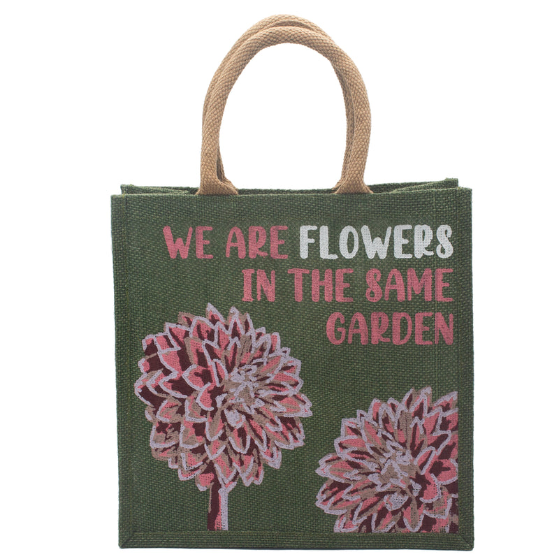 Jute Tas met Print - We are Flowers - Olive