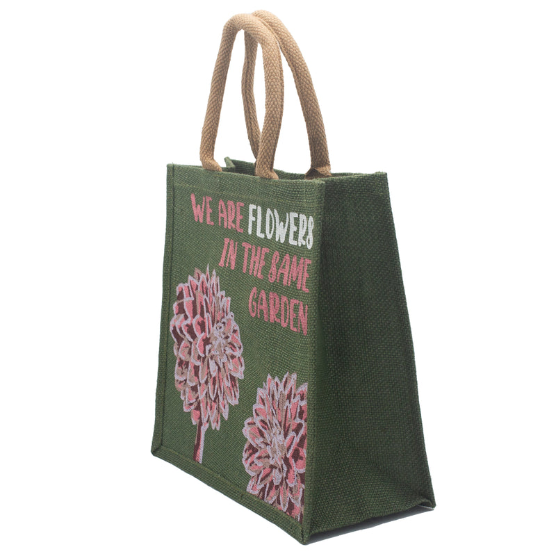 Jute Tas met Print - We are Flowers - Olive