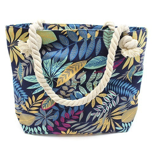 Klassieke Tas - Touw Handvat -Teal en Blauwe Bloemen