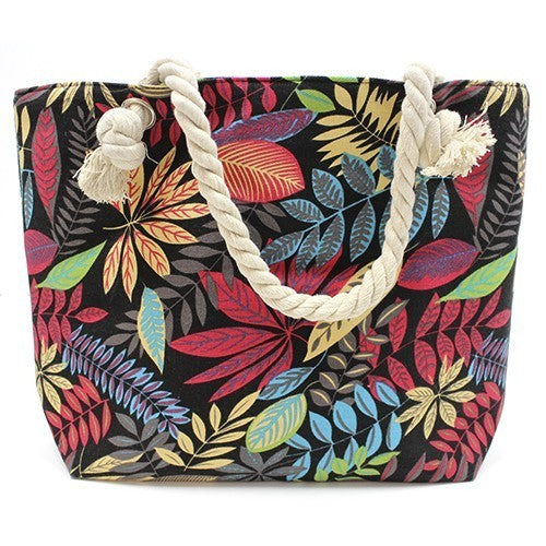 Klassieke Tas - Touw Handvat - Rode En Blauwe Bloemen